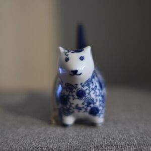 Blue and White Cat Figurine Chinoiserie